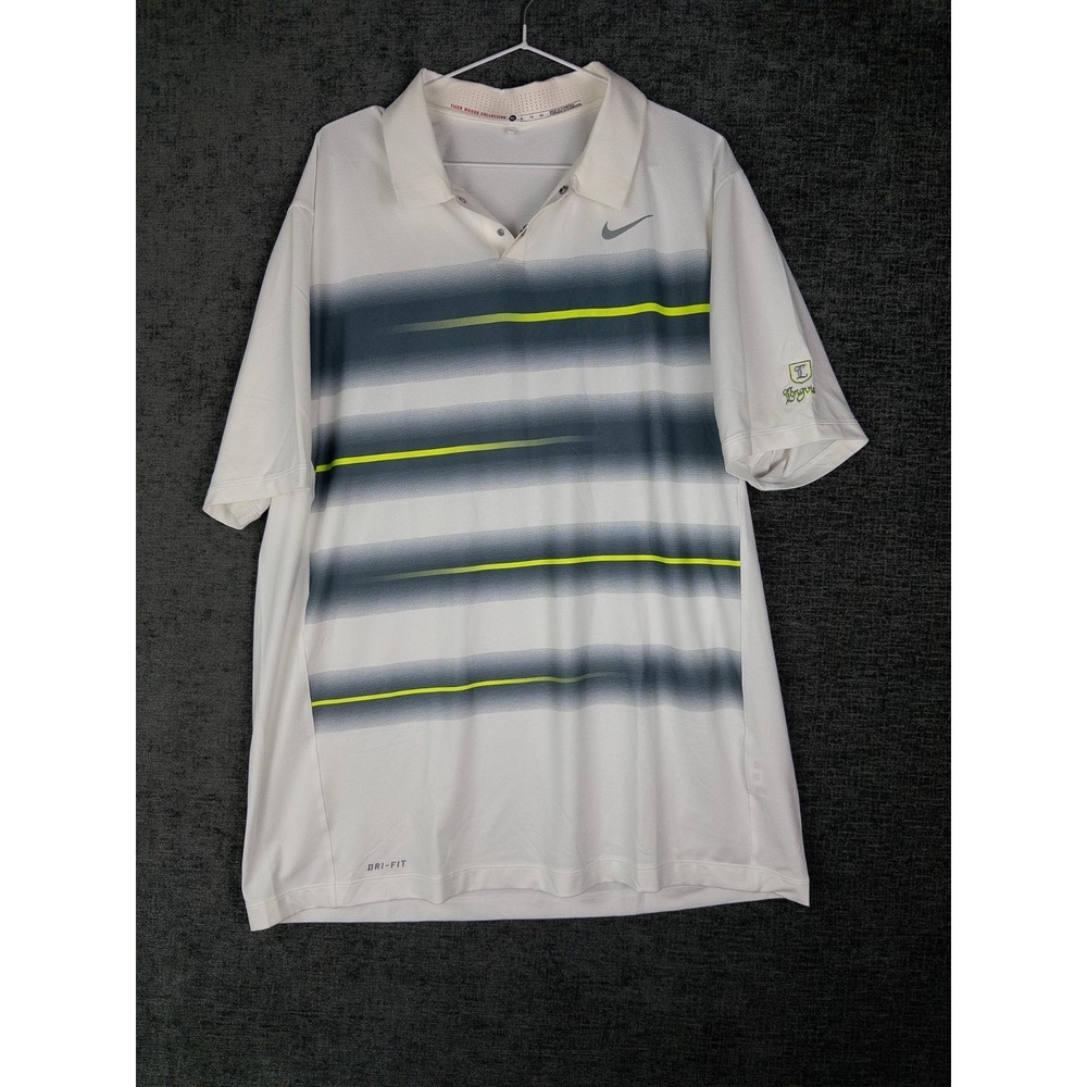 Nike Tiger Woods Dri‎ Fit Polo Shirt Mens XL White Striped Swoosh Golf Longview
